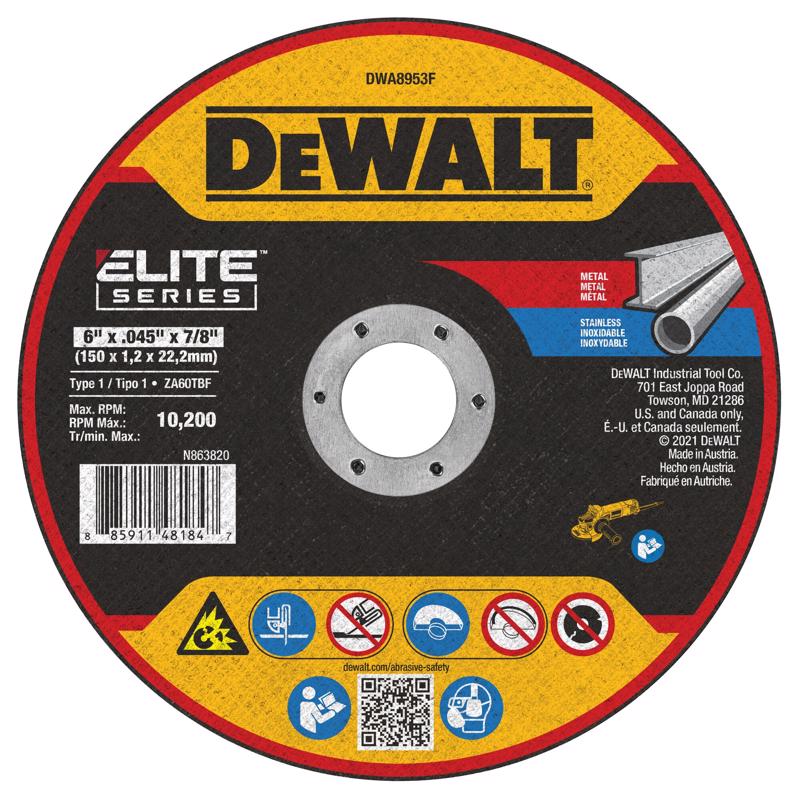 DeWalt Elite Series 6 in. D X 7/8 in. X 0.045 in. thick Metal/Steel Cutting Wheel DWA8953F 1 pk
