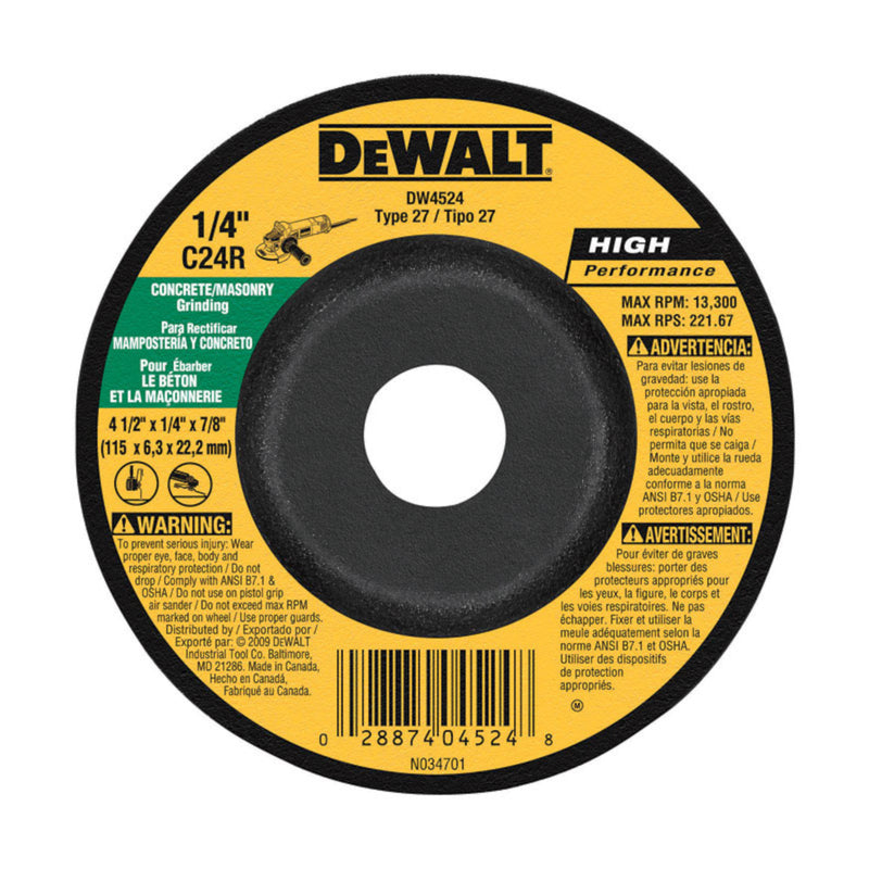 DeWalt 4-1/2 in. D X 7/8 in. X 1/4 in. thick Masonry Grinding Wheel DW4524 1 pc