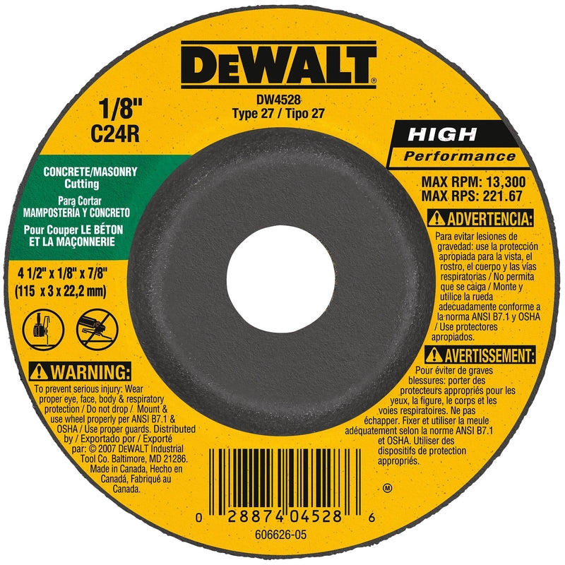 DeWalt High Performance 4-1/2 in. D X 7/8 in. X 1/8 in. thick Silicon Carbide Masonry Cutting Wheel DW4528