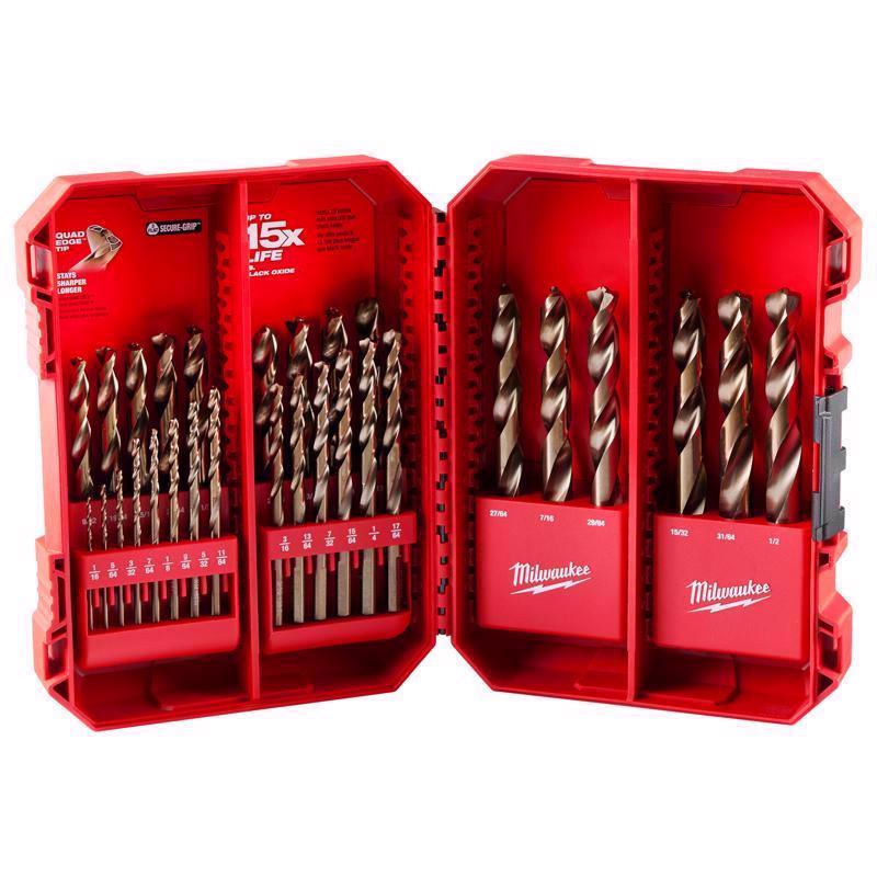 Milwaukee Red Helix Assorted X 7.75 in. L Cobalt Colbalt Drill Bit Set 3-Flat Shank 48-89-2332 29 pc