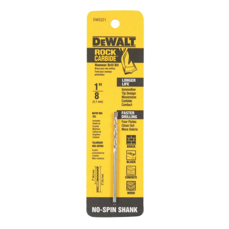 DeWalt 1/8 in. X 3 in. L Carbide Tipped Percussion Drill Bit 3-Flat Shank DW5221 1 pc
