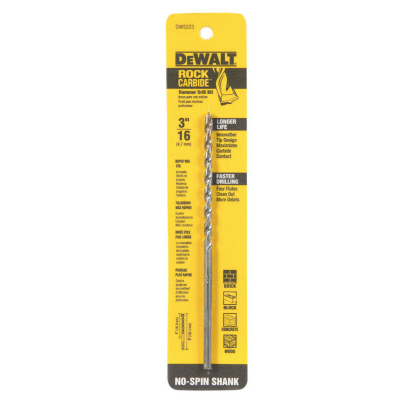 DeWalt 3/16 in. X 6 in. L Carbide Tipped Percussion Drill Bit 3-Flat Shank DW5223 1 pc
