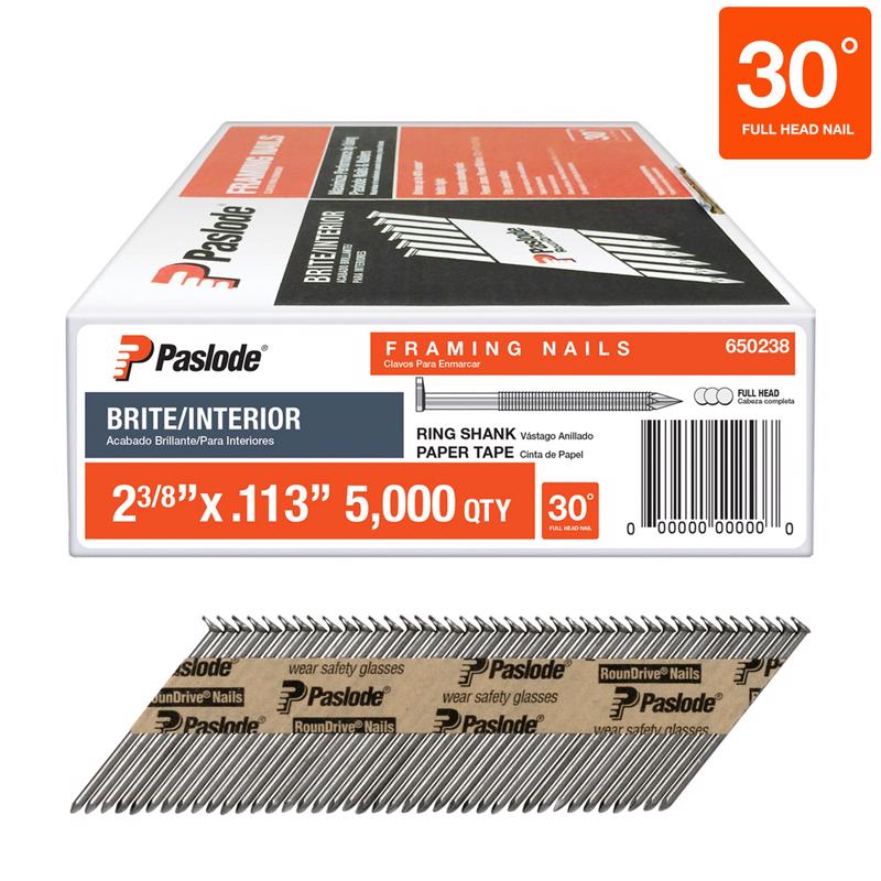Paslode RounDrive 2-3/8 in. L Angled Strip Brite Framing Nails 30 deg 650238 5000 pk