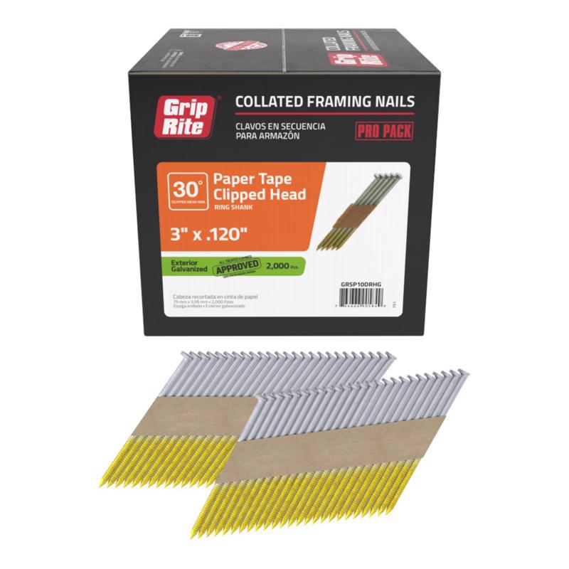 Grip-Rite 3 in. L Angled Strip Hot-Dip Galvanized Framing Nails 30 deg GRSP10DRHG 2000 pk