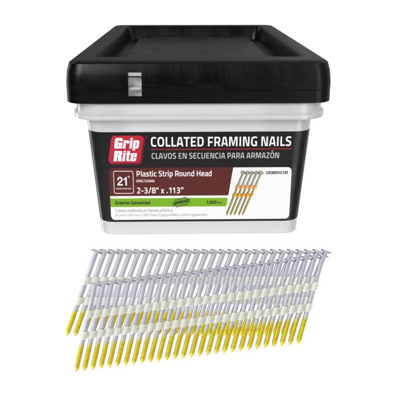 Grip-Rite 2-3/8 in. L X 12 Ga. Plastic Strip Hot-Dip Galvanized Framing Nails 21 deg GR08RHG1M 1000 pk