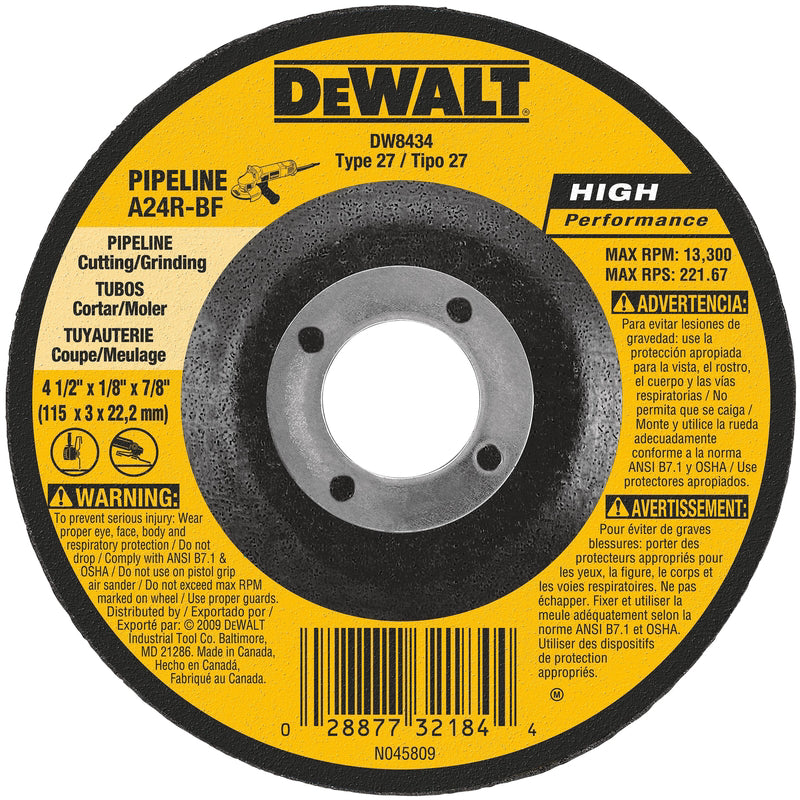 DeWalt 4-1/2 in. D X 7/8 in. X 0.125 in. thick Aluminum Oxide Pipeline Cutting Wheel DW8434 1 pc