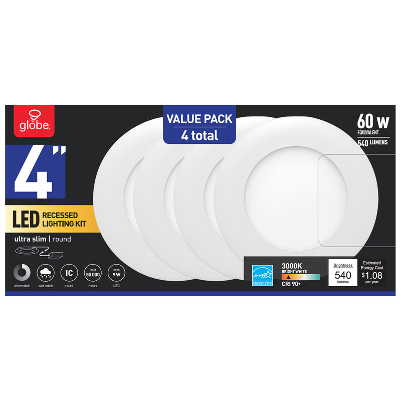 Globe Electric Ultra Slim Energy Star White 4 in. W Aluminum LED Canless Recessed Downlight 9 W 91495