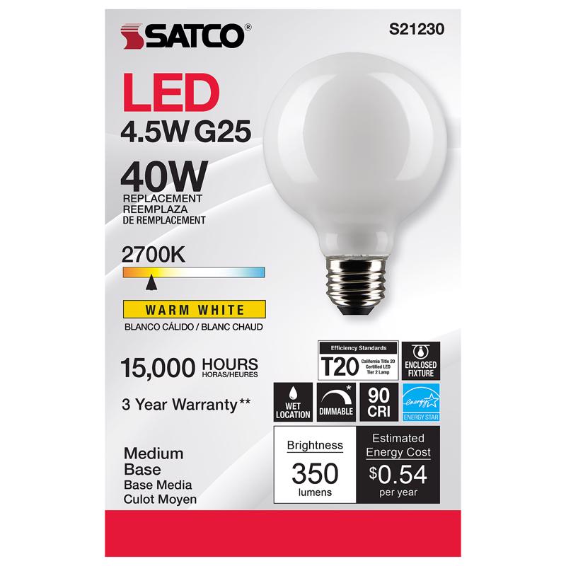 Satco G25 E26 (Medium) Filament LED Bulb Warm White 40 Watt Equivalence 1 pk — White S21230