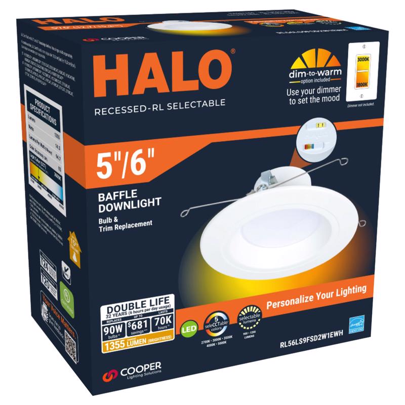 Halo Retrofit Series Matte White 5/6 in. W LED Dimmable Recessed Downlight 90 W RL56LS9FSD2W1EW