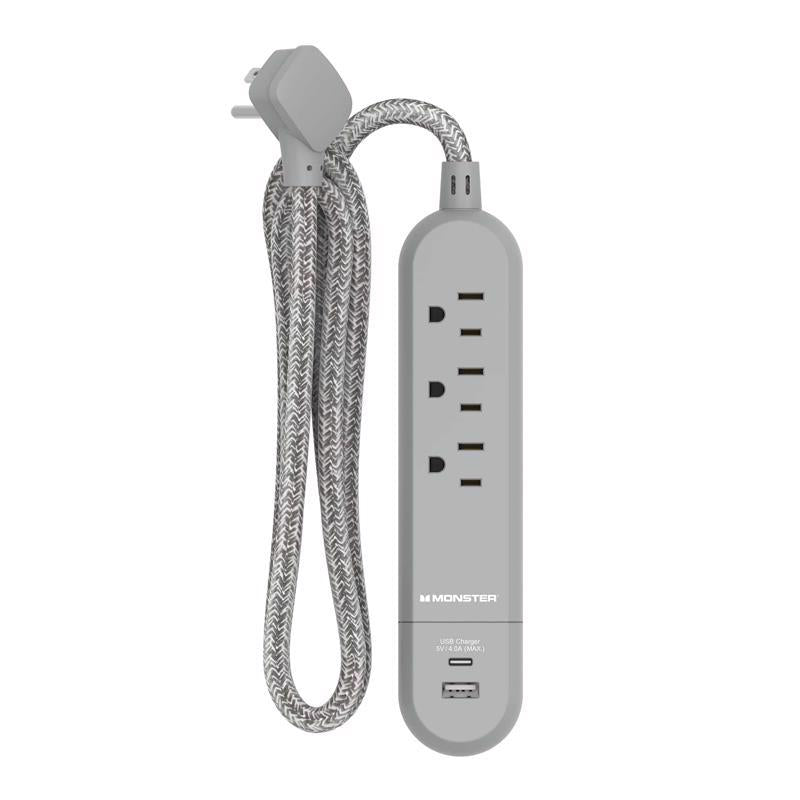 Monster Just Power it Up 4 ft. L 3 outlets Power Strip with USB Ports Gray 1715