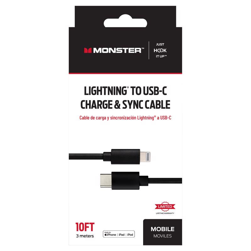 Monster Just Hook It Up Lightning to USB-C Charge and Sync Cable 10 ft. Black JHIU0175