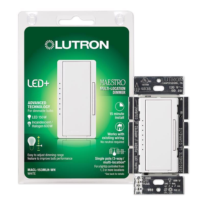 Lutron Maestro White 150 W 3-Way Dimmer Switch MACL-153MLH-WH 1 pk
