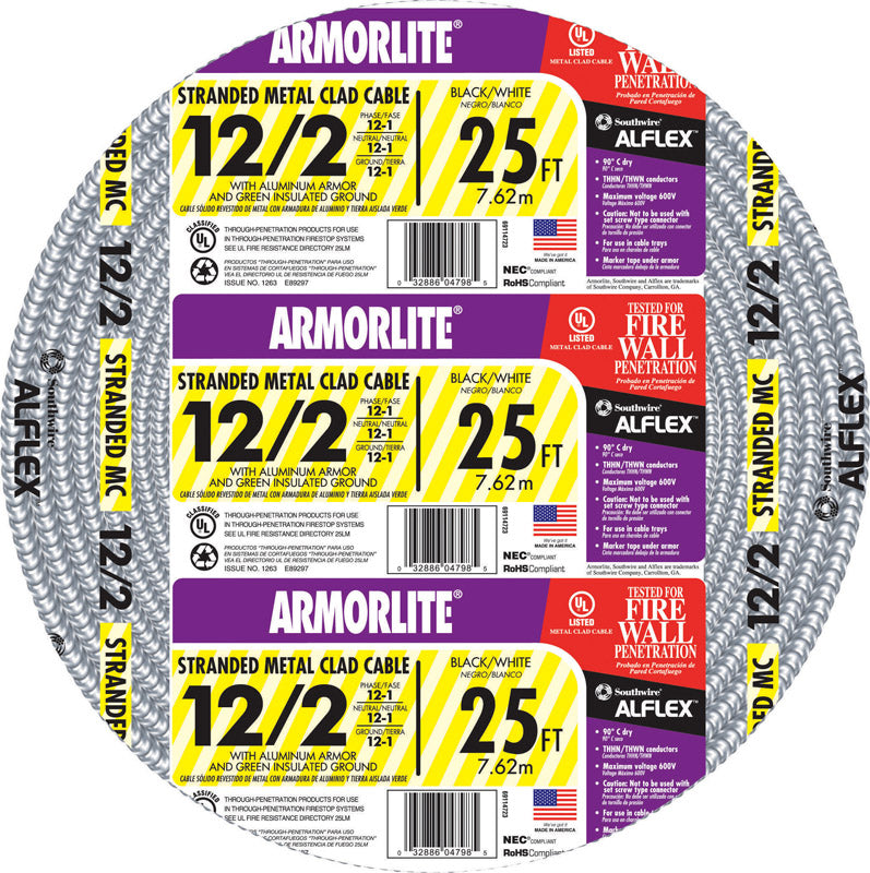 Southwire 12/2 MC Metal Clad Cable, Stranded, Aluminum Armored, 25 ft., 69114721