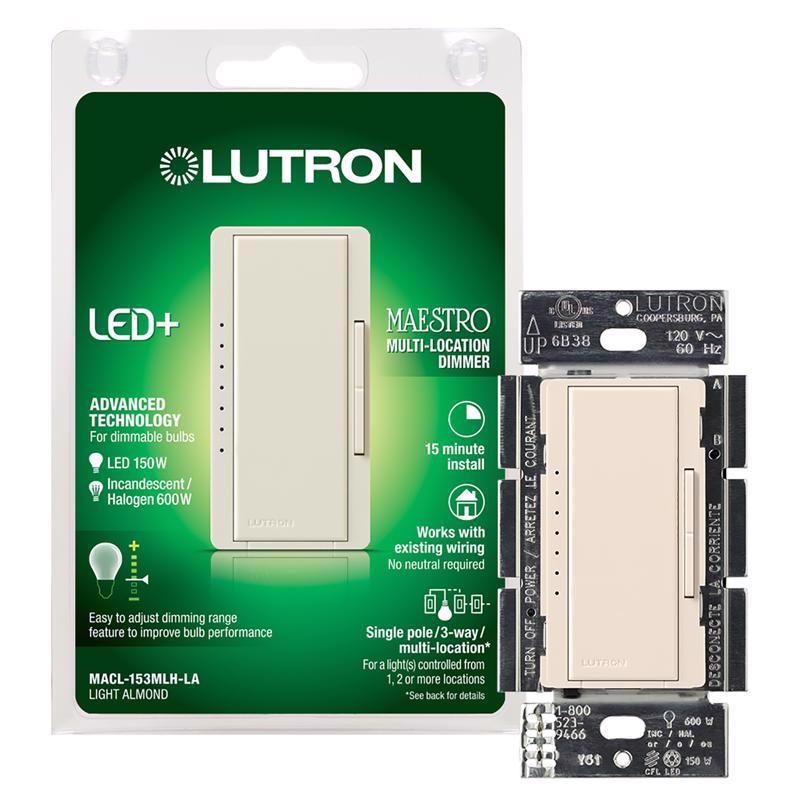 Lutron Maestro Light Almond 150 W 3-Way Dimmer Switch MACL-153MLH-LA 1 pk