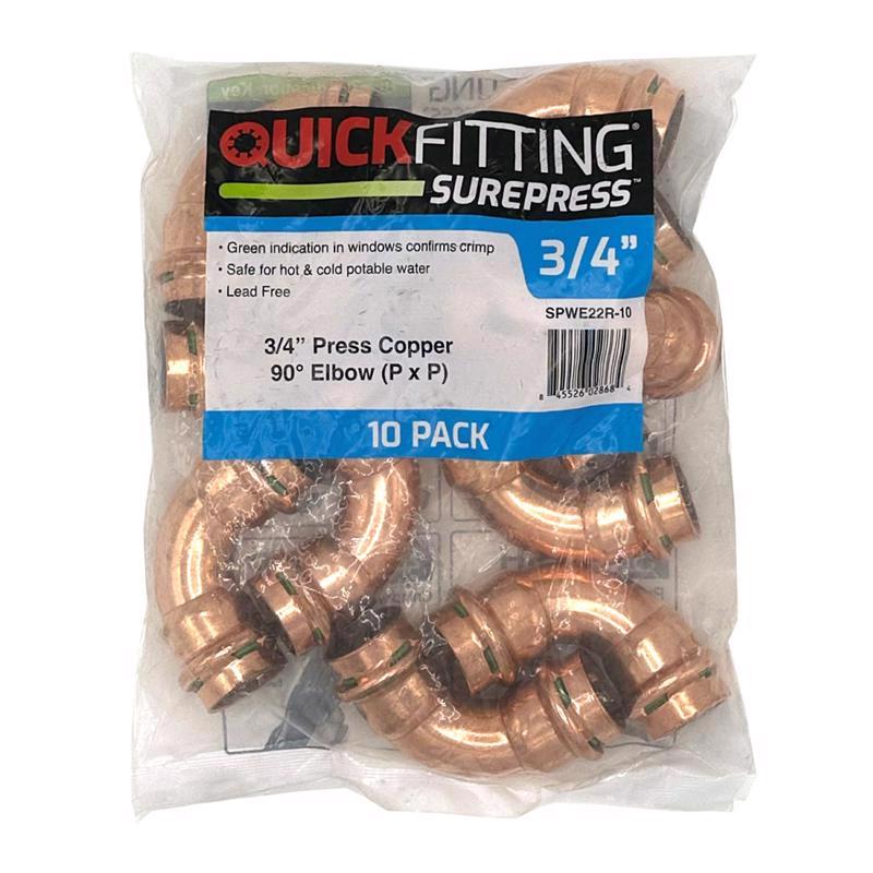 QuickFitting Copper 90 Degree Elbow, 3/4 in. Press x 3/4 in. Press, SPWE22R-10 10 pk