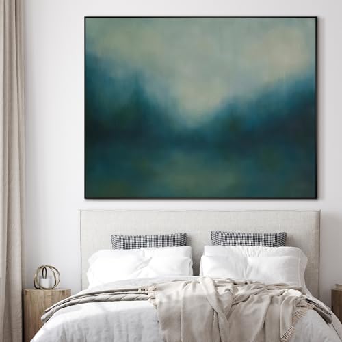 36"x46" Extra Large Framed Wall Art Misty Blue Landscape Abstract Ocean and Sky Illustration for Home Living Room Bedroom Decor