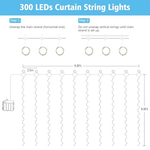 Curtain Lights Battery Operated 9.8 x 9.8Ft with Timer Cool White (300 Count)