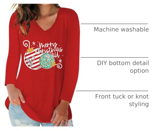 Womens Long Sleeve Christmas Tee Funny Xmas Lights Graphic T Shirts Merry Christmas Family Clothes Tops Red M