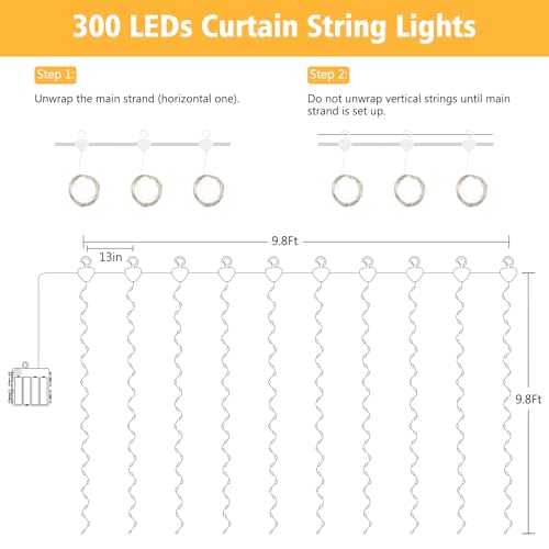 Curtain Lights Battery Operated 9.8 x 9.8Ft with Timer Warm White (300 Count)