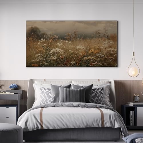 24"x46" Extra Large Framed Wall Art Autumn Meadow Landscape Rustic Brown and Golden Field with Wildflowers Country Illustration for Home Living Room Bedroom Decor