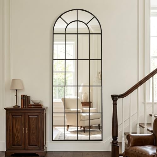 Arched Windowpane Mirror Full Length 65"x24" Wall Mounted Black Art Pane Farmhouse Decorative Floor Mirror Leaning Hanging Wall Mirror for Bedroom Living Room Entrance
