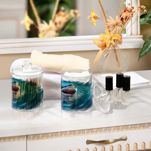 2 Pack Qtip Holder Organizer Dispenser Jumping Shark Blue Ocean Wave Bathroom Storage Canister Cotton Ball Holder Container for Cotton Pads (2 Count)