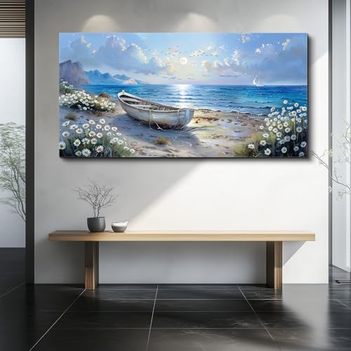 Large Wall Art For Living Room Canvas Wall Decor For Bedroom Office White Flower Seaside Landscape Painting Farmhouse Decorations Wall Pictures Artwork Ready To Hang Home Decor 24"X48"