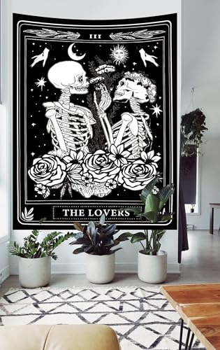 The Lovers Skull Tapestry Gothic Tapestry Vertical Black and White Skeleton Gothic Witch Sun Moon Floral Plant Snake Tapestries Wall Hanging Decor for Bedroom Dorm Room 35 x 47 Inches