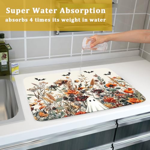 Halloween Dish Drying Mat for Kitchen Counter Cute Ghost Flowers Festival Super Absorbent Reversible Microfiber Kitchen Countertop Protector Dishes Pad Large 18x24 inch