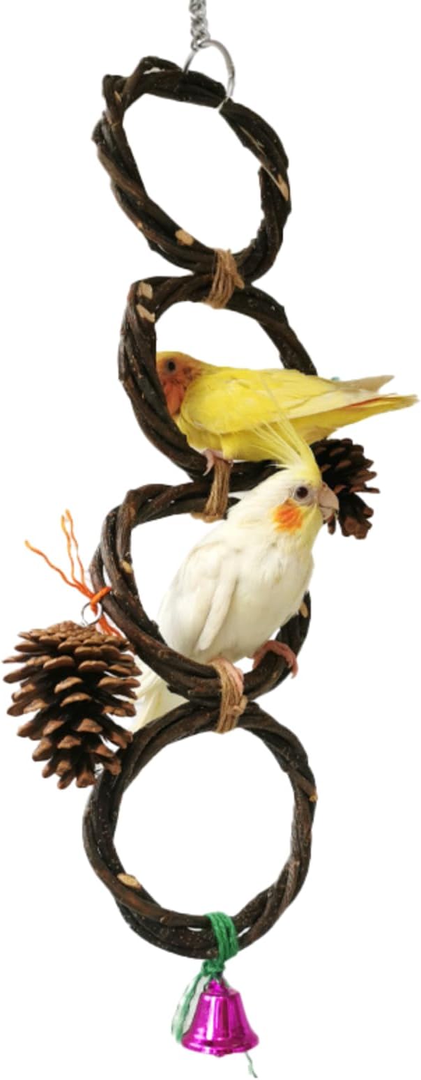 Circle Straw Bird Swing Stand Bird Perches Stand Hanging Chewing Toy for Parrots Bird Playground Cage Accessories Climbing Rope Net Ladders for Foraging Toys(Random Color) (4 Rings)