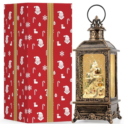 Christmas Snow Globe Lantern Musical Lighted Snow Mountain Snowman Village Water Lantern with Swirling Glitter Decoration for Christmas Home