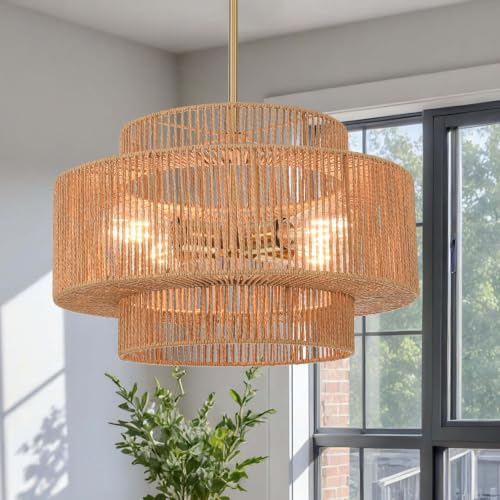 3 Tier Rattan Light Fixture Boho Chandelier for Dining Room
