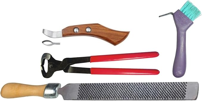 Barehoof Care Trimming Farrier Kit – 4 Piece Premium Hoof Care Tool Set | Horse Hoof Nippers, Hoof Rasp, Hoof Knife & Hoof Pick | Professional Farrier Trimming & Shoeing Kit for Horses