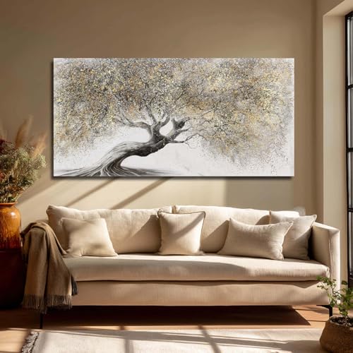 Gold Wall Art Canvas Wall Pictures Large Artwork Landscape Painting Photo Prints Wall Decorations Tree Wall Decor for Living Room Dining Room 29"x58"