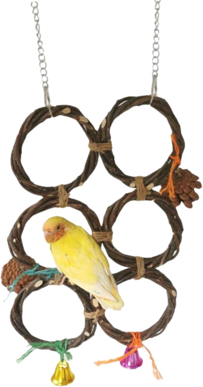Circle Straw Bird Swing Stand Bird Perches Stand Hanging Chewing Toy for Parrots Bird Playground Cage Accessories Climbing Rope Net Ladders for Foraging Toys(Random Color) (6 Rings)