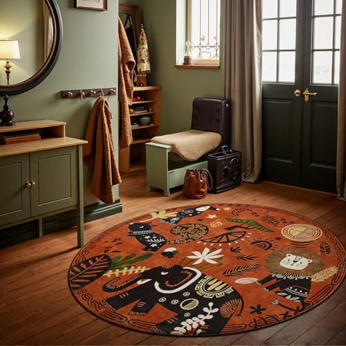 5ft Cute Round Rug Kids Washable Fun Rug Terracotta Boho Jungle Mat (19.63 Sq Ft)