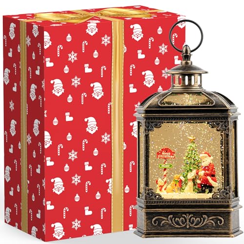 Christmas Snow Globe Lantern Water Glittering Santa Claus & Pups with Music & Timer