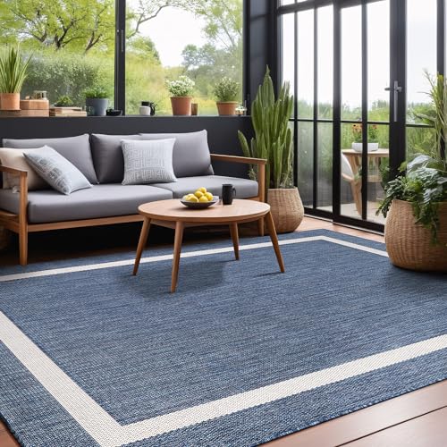 Bordered Outdoor Rug 10x14 Washable Outside Carpet for Indoor Patio Porch Waterproof Easy Cleaning Non Shedding Area Rugs Blue 10 x 14