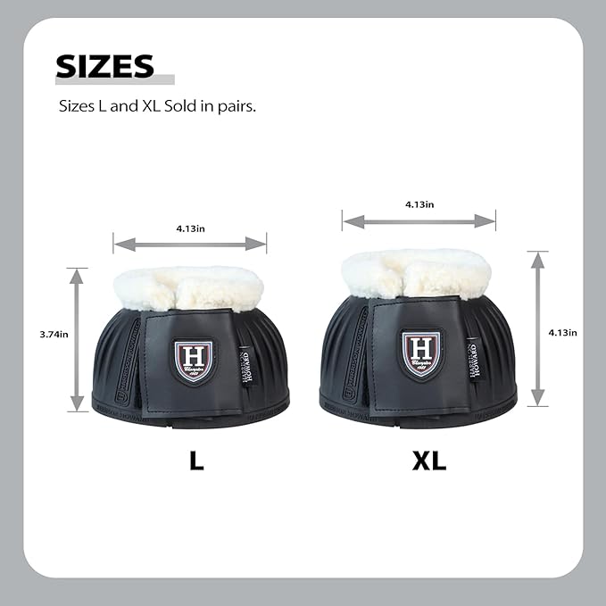 Harrison Howard Rubber Pull-on Bell Boots with Fleece Lining and Extra-Large Leather Touch-Close Tape Hoof Overreach Protection for Horses Sold in Pairs Black L