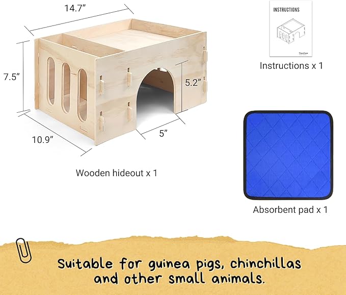 Guinea Pig Hideout with Hay Feeder & Absorbent Mat, Wooden Chinchilla House with Multiple Window, Small Animal Hut Castle for Dwarf Rabbit