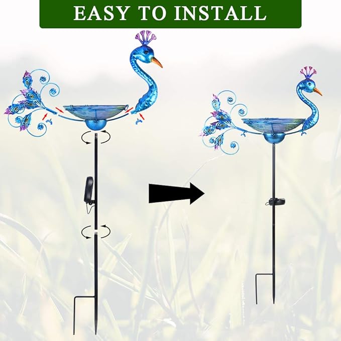 MUMTOP Outdoor Bird Bath Solar Birdbath Small Birdfeeder with Peacock Metal Stake for Garden Yard Decor