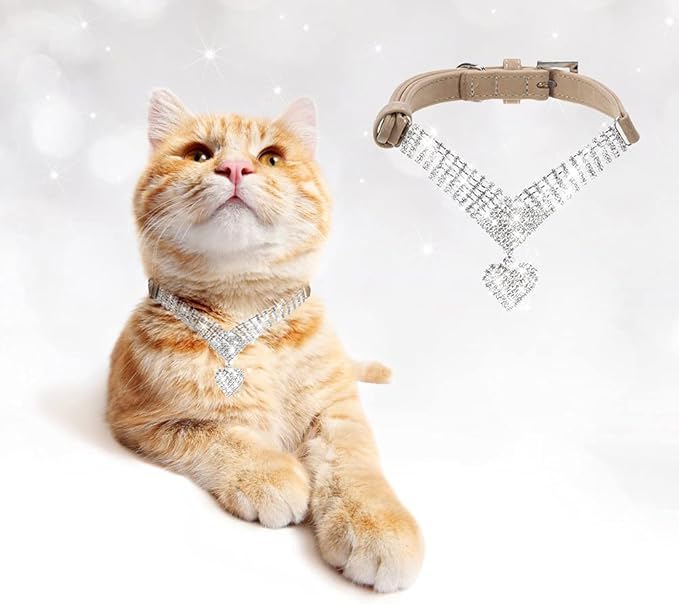 EXPAWLORER Cute Dog Necklace - Rhinestone Dog Collar, Soft Velvet Collar for Girl Boy Cats Dogs, Sparkling Pet Neck Decoration, Adjustable Pet Collar for Puppies Cats Small Medium Dogs, Brown S
