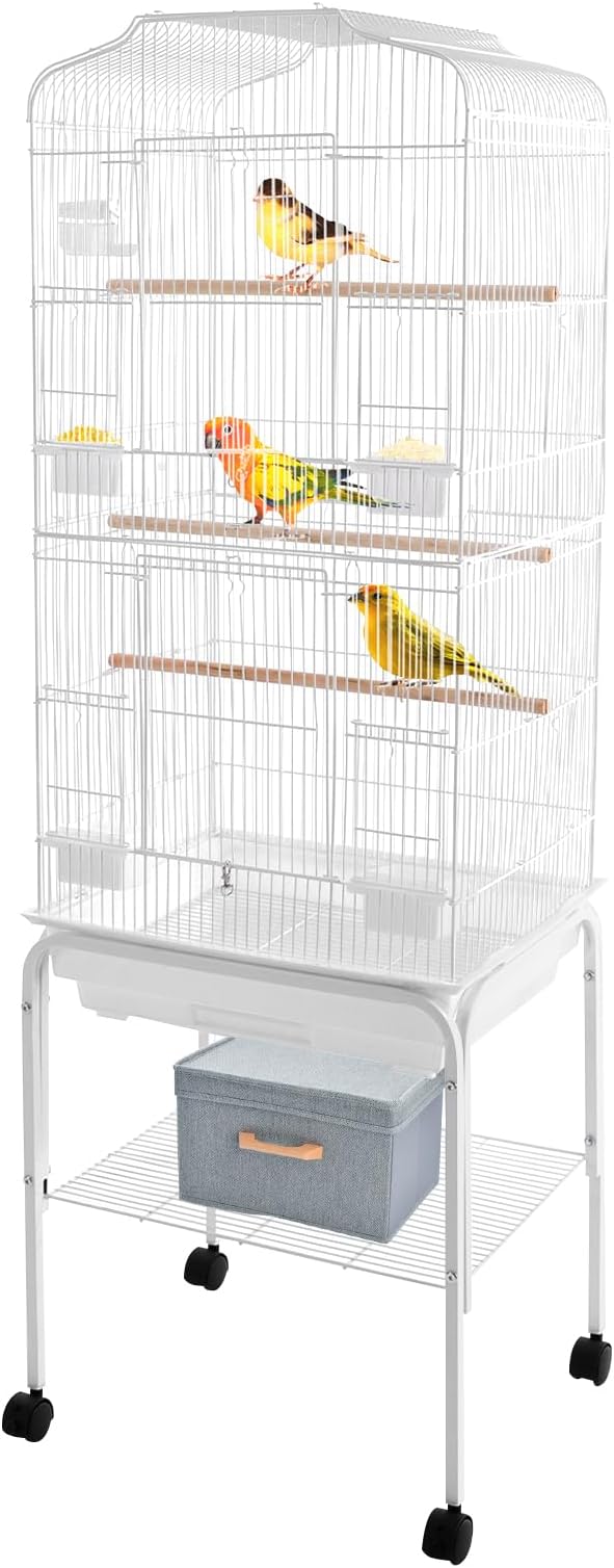 Freestanding Bird Cage Large Bird Cage with 4 Feeding Bowls & Waterer & 4 Universal Wheels & 2*Brake & Storage Rack & Slide-Out Tray & Mesh Panel Budgie Aviary for Balconies, in Homes, Shop(White)