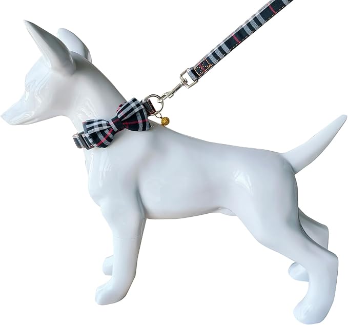 Yizepet Dog Collar and Leash Set-Plaid Puppy Collar with Bow Tie - Adjustable pet Collar for Dogs with Bell, Stylish Pattern for Small Medium or Large Boy and Girl Dog