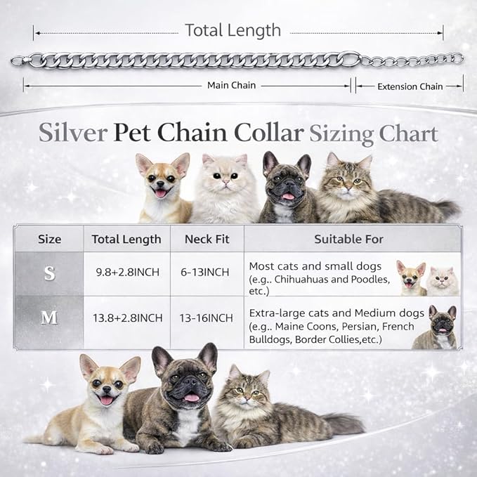 Silver Cat Chain Collar,Adjustable Cuban Link Necklace for Cats, Lightweight & Durable Metal Pet Jewelry, Stylish Decorative Accessory (Silver,S)