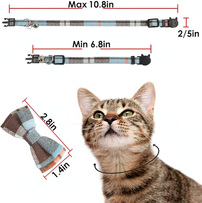 Cat Collar Breakaway with Bell and Bow Tie, Plaid Design Adjustable Safety Kitty Kitten Collars(6.8-10.8in) (Light Blue&Brown)