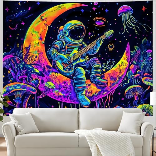 Blacklight Space Astronaut Tapestry UV Reactive Galaxy Planet Glow in Dark Tapestries Black Light Poster Neon Wall Hanging Art for bedroom Living Room
