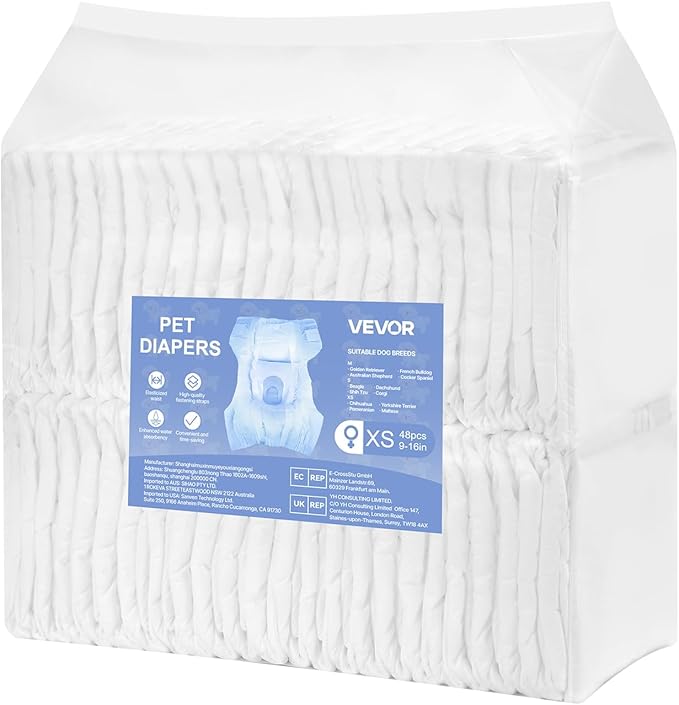 VEVOR Disposable Dog Diapers, Super Absorbent Female Dog Diapers, 360° Leak-Proof Female Doggy Pet Diaper with Wetness Indicator for Heat Period, Training, Incontinence - M, 96 Count (2 Packs of 48)