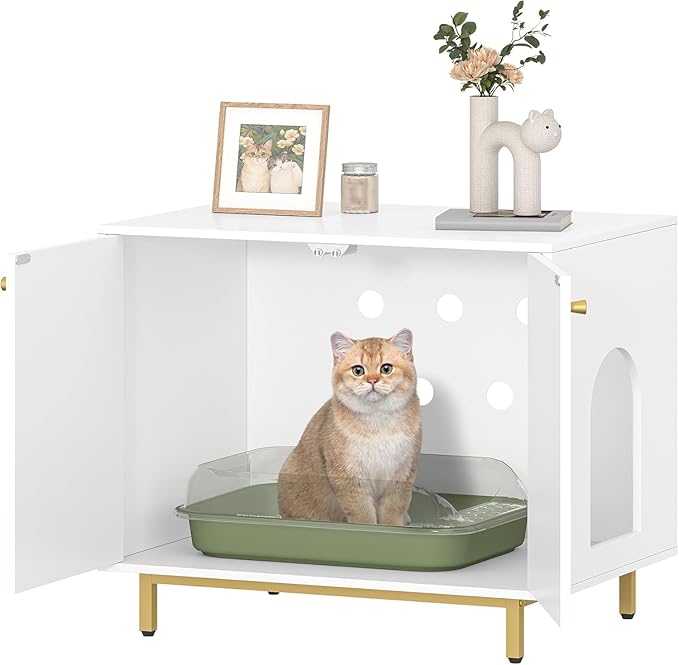 Cat Litter Box Enclosure, Hidden Litter Box Furniture Cabinet, Wooden Indoor Cat House, Side End Table, Living Room, Bedroom, White and Gold CB85003G