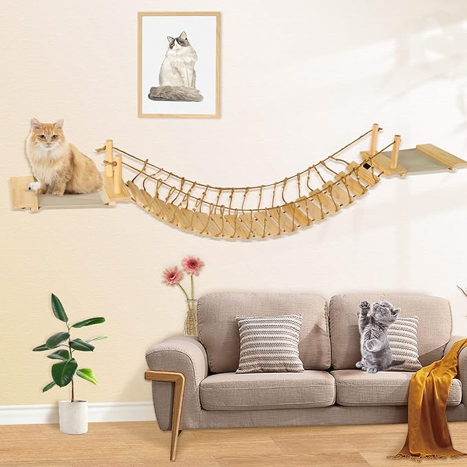 Calmbee Cat Wall Shelves - 70" Cat Bridge Hammock Tree with Mounted Perch & Cloud Shelf